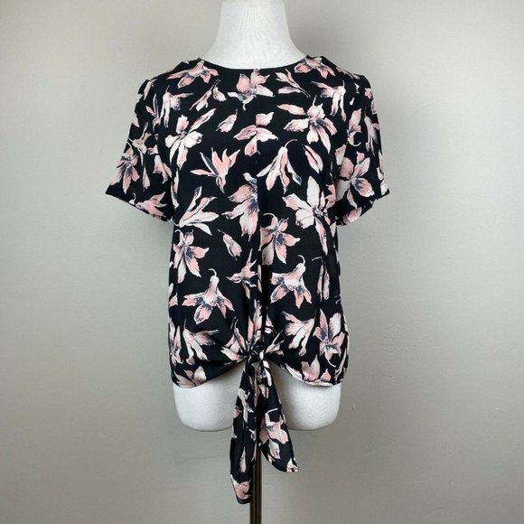 Madewell Silk Top S‎ Floral Button Back Tie Front Tee Sheer Black Pink - Picture 2 of 11